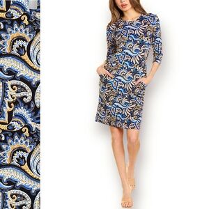 J.McLaughlin Sheath Dress Front Pockets Catalyst Catalina Cloth 3/4 Sl…